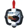 A square cast iron grill pan with a red handle, shown from a top-down perspective against a white background. The pan is partially covered by a product label. Produktbild-Vorschau
