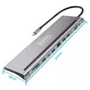 A silver USB-C hub with multiple ports and a connected cable, shown on a light gray background with dimensions indicated by blue lines and text. Produktbild-Vorschau