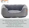 A grey dog bed with a fluffy interior, presented with descriptive text below. Produktbild-Vorschau