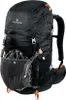 A black outdoor backpack with orange accents, featuring a helmet in a mesh pocket on the front. Produktbild-Vorschau