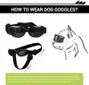 An instructional image showing how to wear dog goggles, with illustrations of the goggles and a dog wearing them. Produktbild-Vorschau