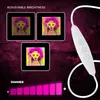 A marketing image showing a product with adjustable brightness and dimmer features, illustrated with a pop-art style woman. Voir les images du produit