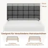 A bed frame with a headboard and mattress shown with measurement indicators and compatibility information. Produktbild-Vorschau
