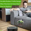 A man is relaxing on a couch while a robot vacuum cleaner operates on the floor. A close-up inset shows the vacuum's brushes. Voir les images du produit