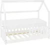 A white wooden house-shaped bed frame with a mattress and slatted base, shown from a side angle against a white background. Produktbild-Vorschau