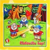 A colorful illustration of gnomes playing on a seesaw in a forest at night, with rabbits and an owl also present. The text 'Kloboučku hop!' is prominently displayed. Náhled obrázku produktu