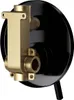 A close-up studio shot of a shower valve with a black circular escutcheon plate and a gold-toned valve body. Produktbild-Vorschau