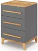 A three-drawer nightstand with a gray body and wooden accents. Náhled obrázku produktu