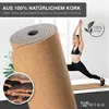 A woman is performing a yoga pose on a yoga mat made of cork, with a close-up inset of the cork material. Produktbild-Vorschau