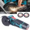 A collage showing a mini angle grinder in use and separate shots of the tool and its accessories. Náhled obrázku produktu