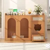 A wooden cabinet with arched glass doors and drawers, designed for pet owners, with pet supplies on top. Produktbild-Vorschau
