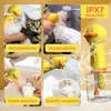 A collage of images showing a yellow duck-shaped dispenser being used for washing pets, hair, and dishes, with text overlays indicating its uses and features. Produktbild-Vorschau