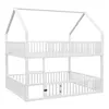 A white bunk bed with a house-shaped frame and a fenced play area on the lower level. Voir les images du produit