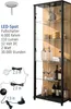 A glass display cabinet with shelves, containing bottles, glasses, and decorative items, with a separate graphic showing LED lighting components and specifications. Produktbild-Vorschau
