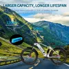 An electric mountain bike is shown on a road with mountains in the background. Text overlays highlight the bike's battery capacity and range. Podgląd zdjęcia produktu