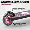 Close-up of a scooter wheel and deck, highlighting features with text overlays. Produktbild-Vorschau