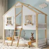 A children's house-shaped bunk bed with a ladder, set up in a bedroom with light blue walls and a decorative cloud. Produktbild-Vorschau