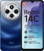 A marketing image of a blue Xiaomi Redmi 14C smartphone, showing its rear camera module and displaying key features on the screen. Produktbild-Vorschau