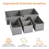 A set of fabric storage boxes arranged in a group, with accompanying icons and text describing their use and features. Produktbild-Vorschau