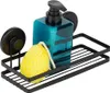 A black metal shower caddy with suction cups, holding a blue soap dispenser and a yellow sponge. Podgląd zdjęcia produktu