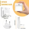 A collage of images showing a white LED night light with a motion sensor, its dimensions, and a close-up of its plug. Produktbild-Vorschau