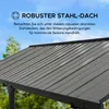 A close-up view of a gray metal roof of a carport or pavilion, with text overlay describing its robustness. Produktbild-Vorschau