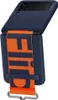 A blue Samsung Galaxy Z Flip 3 case with an orange strap is shown against a white background. Produktbild-Vorschau
