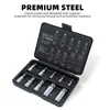 A black case containing a set of metal bits, with text overlay describing the product. Anteprima dell’immagine prodotto
