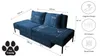 A diagram of a blue sofa with dimensions and feature callouts. Produktbild-Vorschau