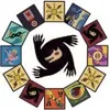 A central black creature with red eyes is surrounded by a ring of square tiles, each with a different illustration. Náhľad obrázku produktu
