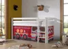A child's bedroom with a loft bed featuring fire truck themed curtains. Produktbild-Vorschau