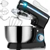 A black stand mixer with a silver bowl and accessories is displayed against a white background. Produktbild-Vorschau