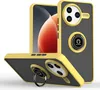 Two phone cases are shown, one standing upright and the other lying flat, against a white background. The cases are yellow and gray and feature a camera bump and a ring holder. Produktbild-Vorschau