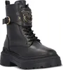 A black leather boot with gold hardware and laces, presented on a white background. Podgląd zdjęcia produktu