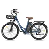 A blue electric bicycle with a basket on the front and a rack on the back, shown against a white background. Podgląd zdjęcia produktu