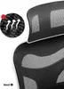 Close-up of a black mesh office chair headrest and back. Voir les images du produit