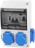 A white electrical distribution box with clear cover, showing circuit breakers and outlets. Produktbild-Vorschau