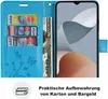A blue flip case for a smartphone, showing card and cash slots. Produktbild-Vorschau