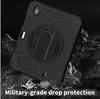 A black tablet case with a stand and strap is shown on a dark, rocky surface, with debris flying around it. Produktbild-Vorschau