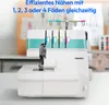 A white overlock sewing machine with turquoise accents is shown on a table, with colorful thread spools visible on top. Produktbild-Vorschau