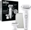 A white Braun Silk-épil 9 epilator is shown with its accessories and packaging. Náhľad obrázku produktu