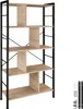 A tall, multi-shelf bookcase with a wood-grain finish and black metal frame, shown against a white background. Small hardware pieces are visible in the bottom right corner. Voir les images du produit