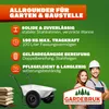 A marketing image for a wheelbarrow, showcasing its features and a happy couple. Produktbild-Vorschau