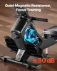 Close-up of the internal mechanism of a black rowing machine, with a blue illuminated flywheel. Produktbild-Vorschau