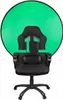 A black gaming chair with a green screen backdrop. Produktbild-Vorschau