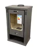 A gray wood-burning stove with a glass door and an energy efficiency label on the door. Náhled obrázku produktu