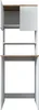 A white and walnut bathroom cabinet with shelves and a door. Voir les images du produit