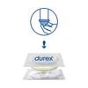An illustration showing how to put on a condom, followed by an image of a Durex condom package. Voir les images du produit