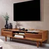 Lowboard Sheesham Massivholz 145x43x35cm TV-Kommode Modern in Gesamtansicht mit zwei Schubladen und offenem Mittelfach. Anteprima dell’immagine prodotto