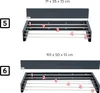 Two different sizes of wall-mounted folding drying racks are shown with numbered parts. Voir les images du produit